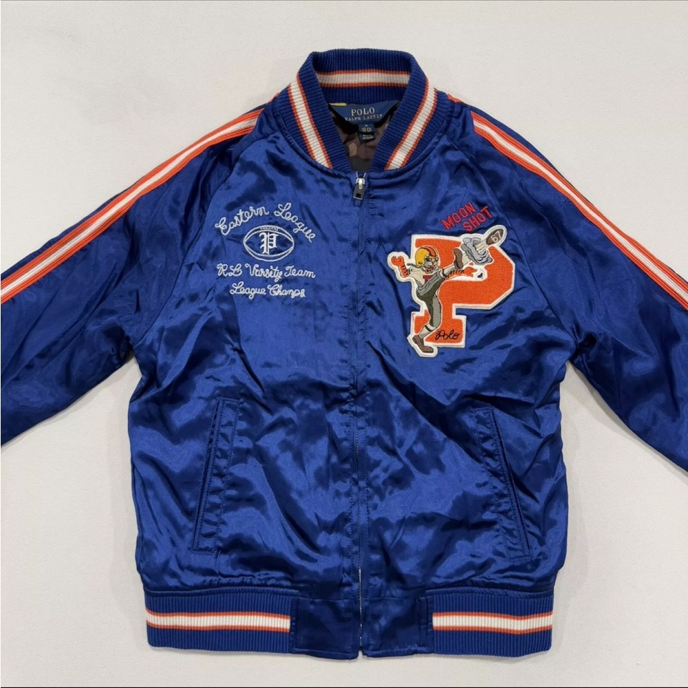 Rare POLO Ralph Lauren Blue Satin Varsity Letterman Jacket Boys 6/7 - Picture 2 of 14